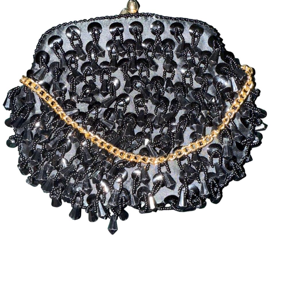 Black beaded and sequin vintage clutch bag Made‎ in Hong Kong for Atleigh purse
